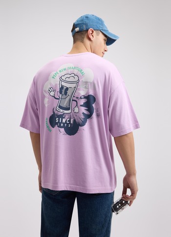 Men Purple Back Print Short Sleeve Oversized T-shirt