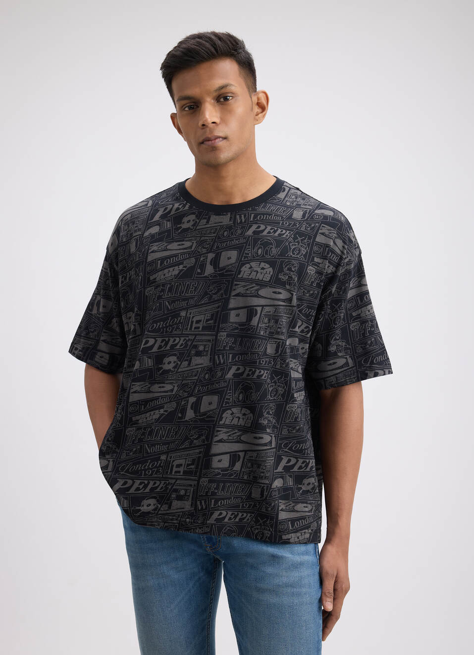 Men Black Graphic Print Short Sleeve Oversized T-shirt, , large image number 1