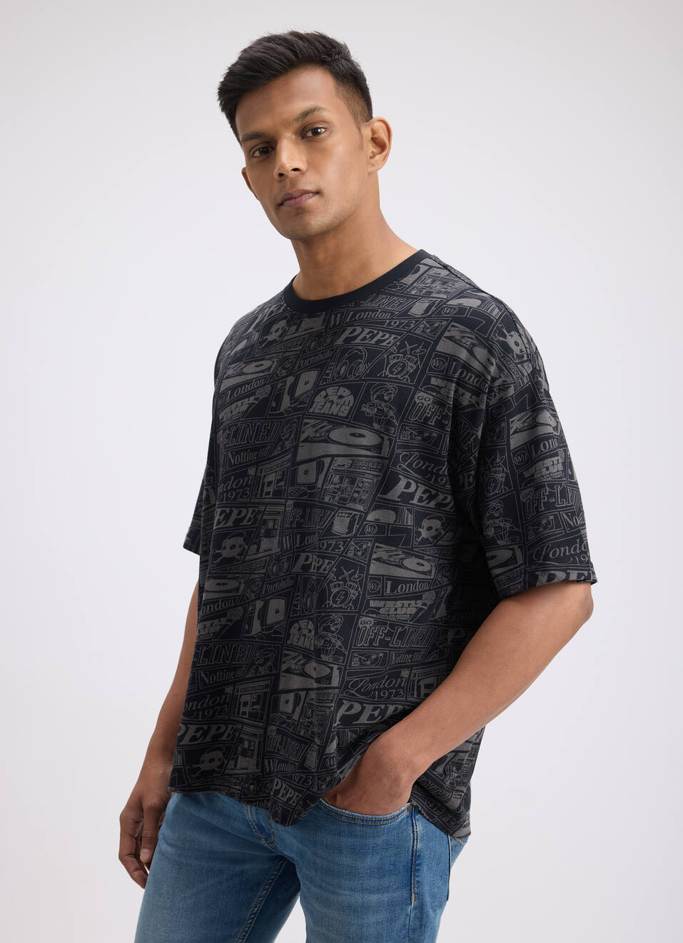 Men Black Graphic Print Short Sleeve Oversized T-shirt, , large image number 3