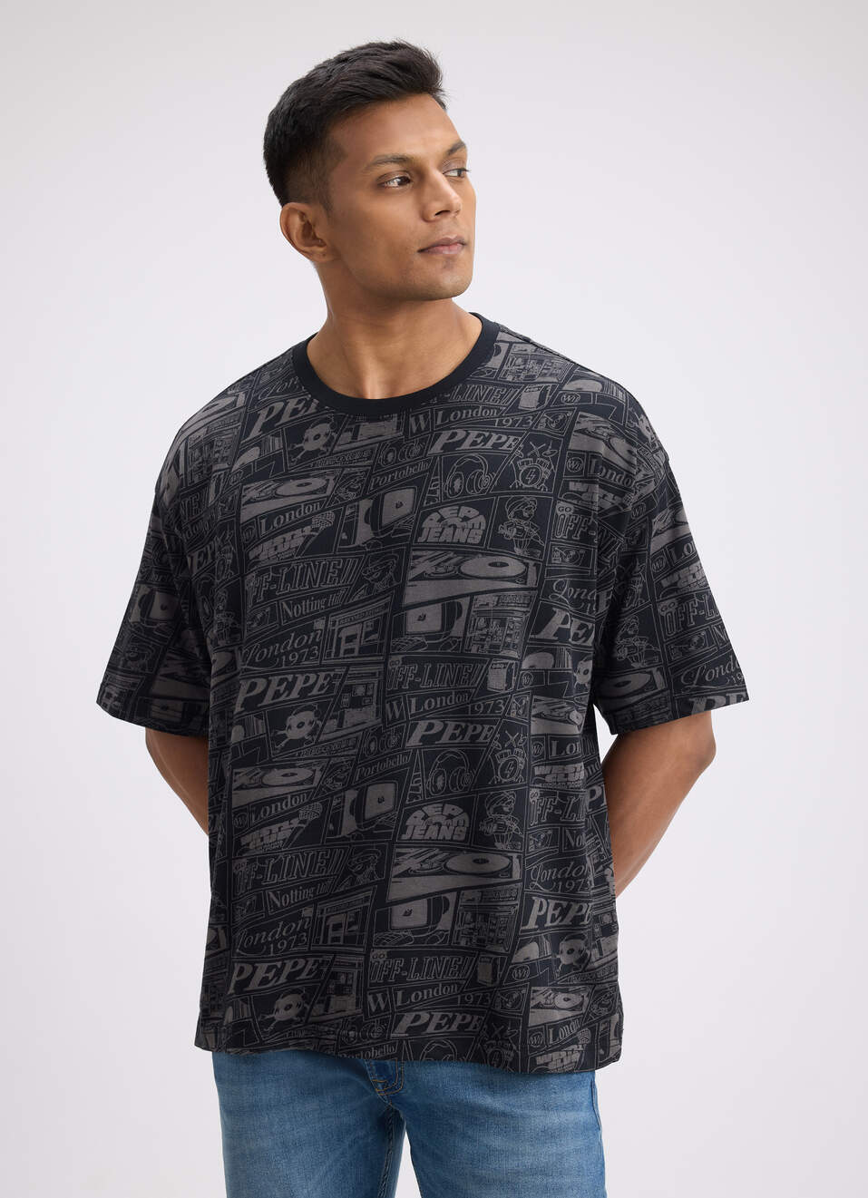 Men Black Graphic Print Short Sleeve Oversized T-shirt, , large image number 0
