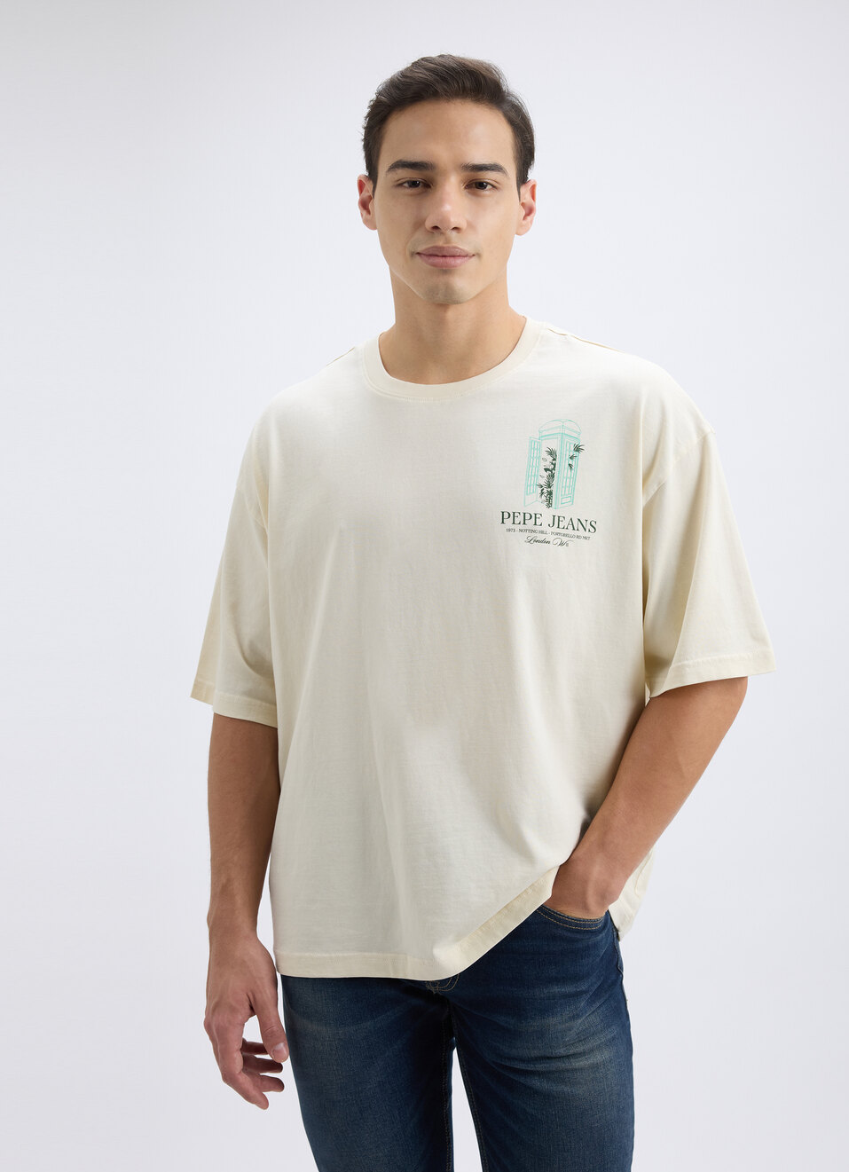 Men Off White Back Print Short Sleeve Oversized T-shirt, , large image number 1