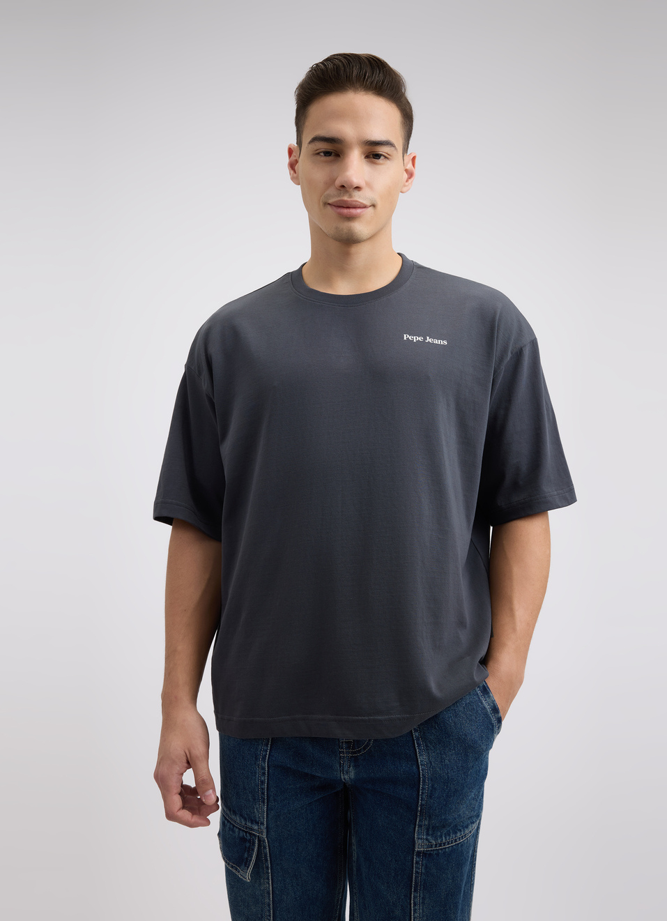Men Grey Back Print Short Sleeve Oversized T-shirt, , large image number 1