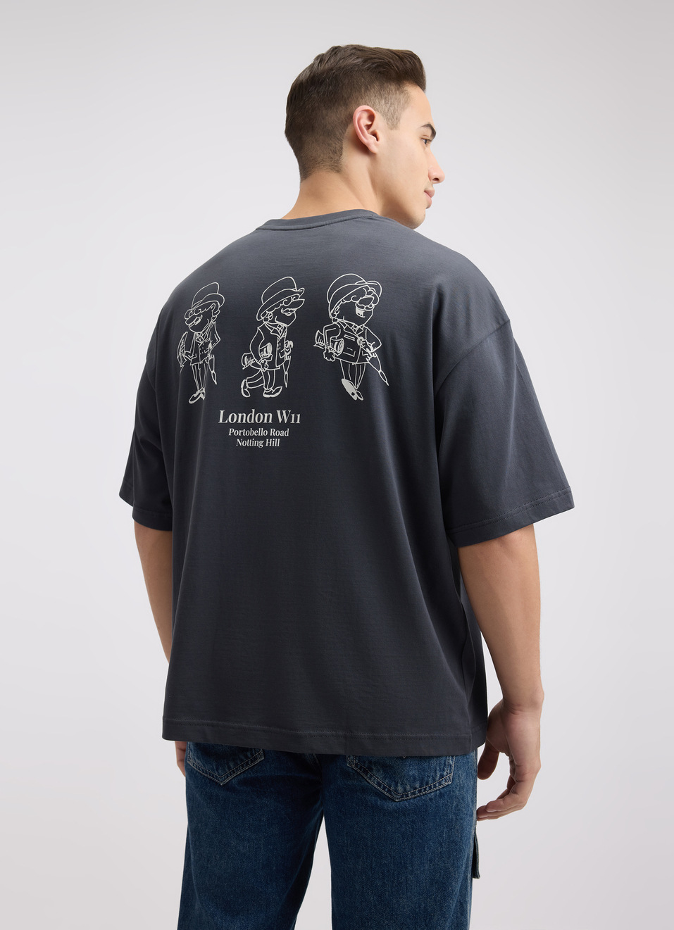 Men Grey Back Print Short Sleeve Oversized T-shirt, , large image number 2