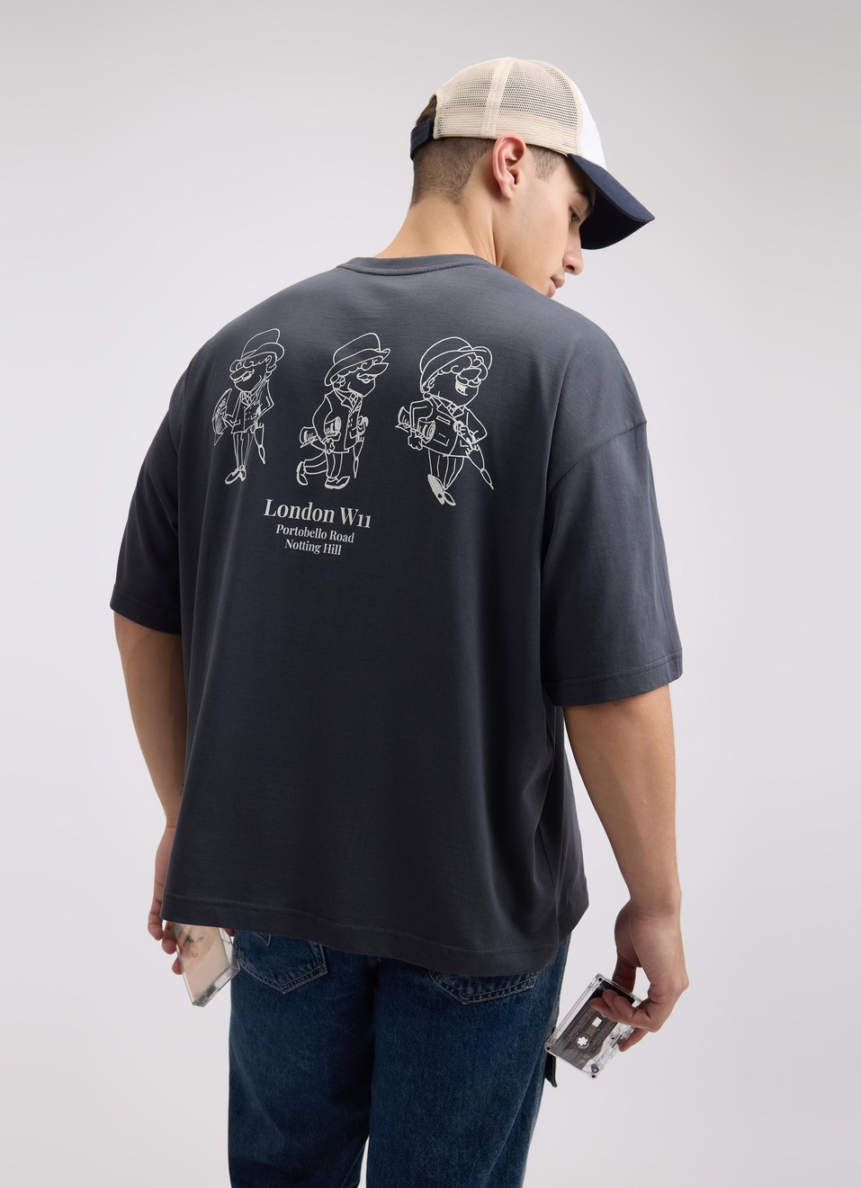 Men Grey Back Print Short Sleeve Oversized T-shirt, , large image number 0