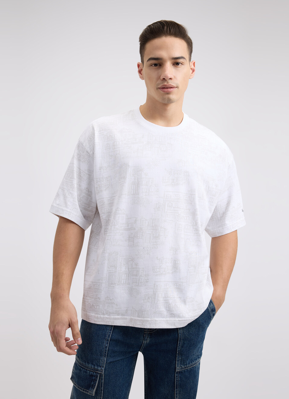 Men White Graphic Print Short Sleeve Oversized T-shirt, , large image number 1