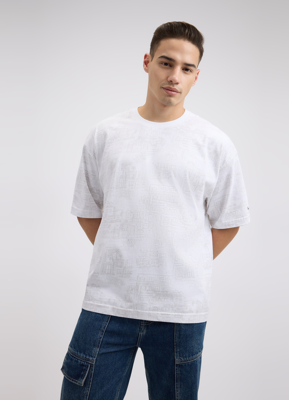 Men White Graphic Print Short Sleeve Oversized T-shirt, , large image number 5