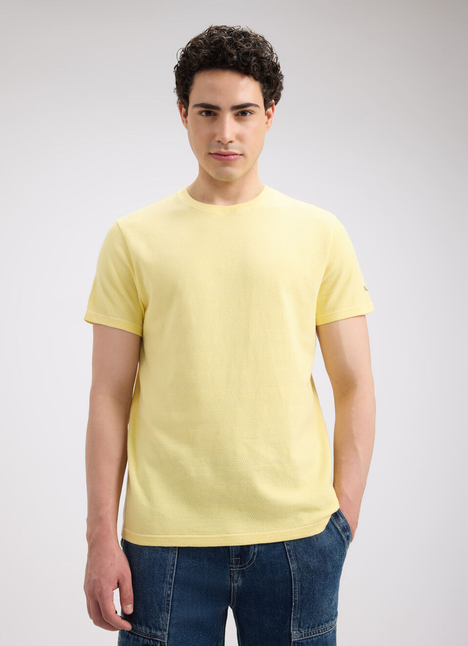 Men Yellow Self Structured Short Sleeve T-shirt, , large image number 1