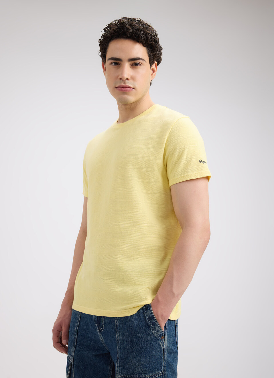 Men Yellow Self Structured Short Sleeve T-shirt, , large image number 3