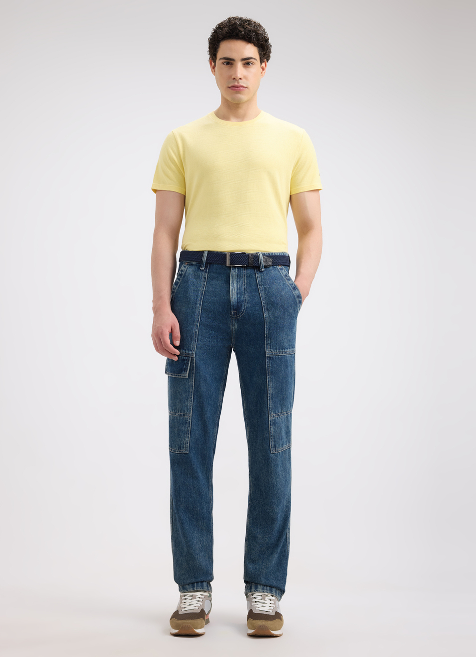 Men Yellow Self Structured Short Sleeve T-shirt, , large image number 5