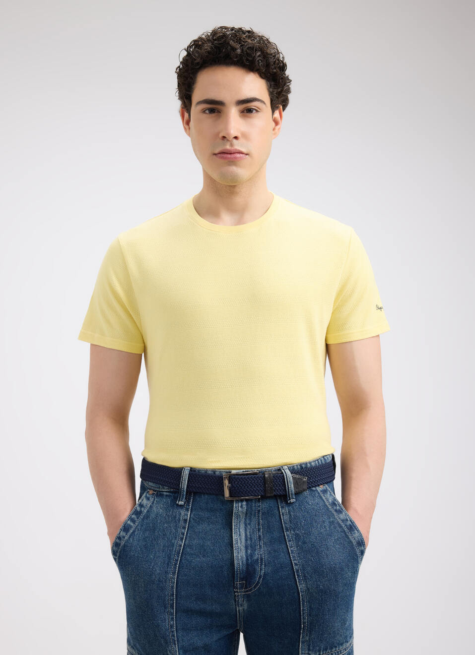 Men Yellow Self Structured Short Sleeve T-shirt, , large image number 0
