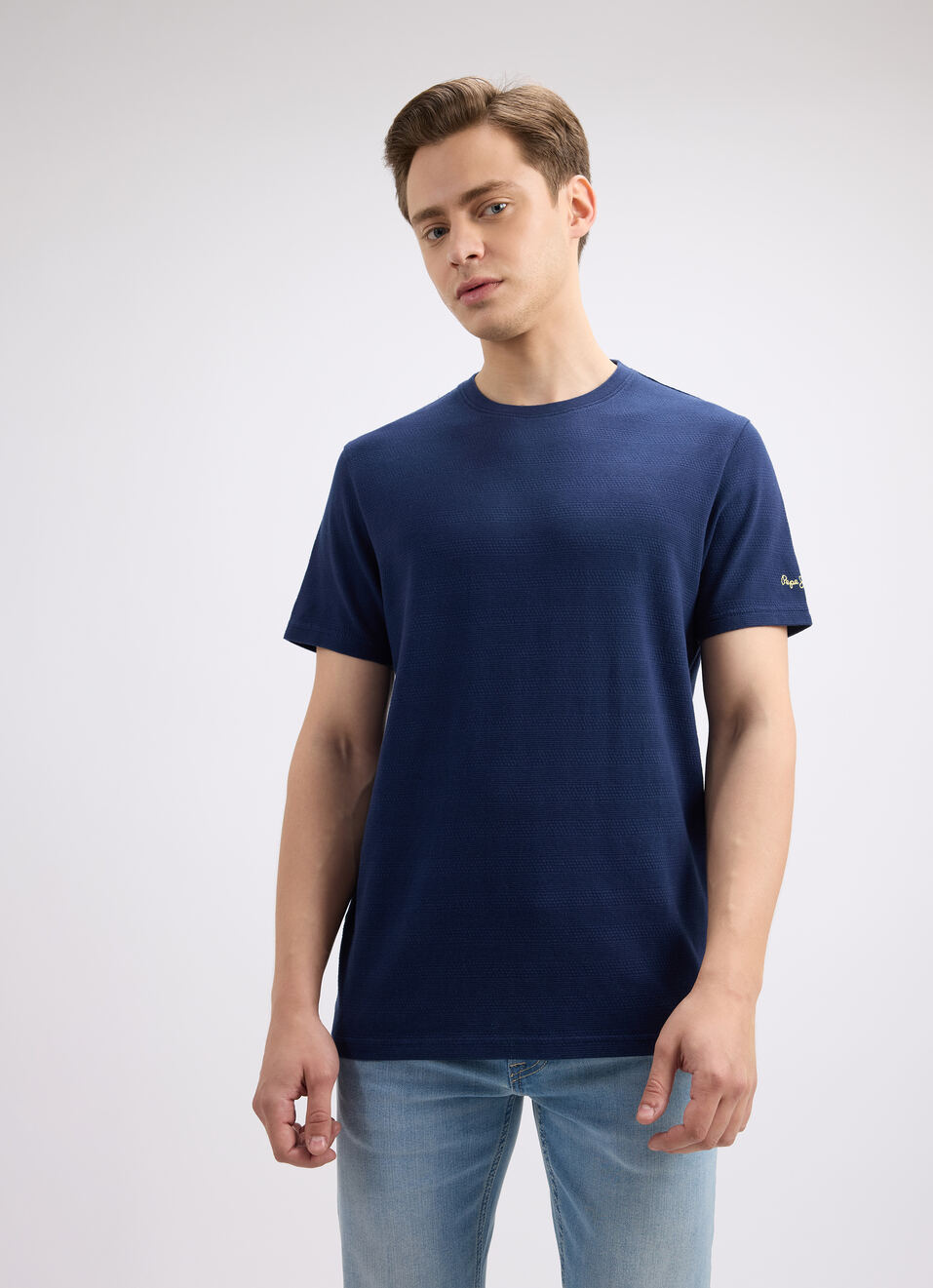 Men Navy Self Strcutured Short Sleeve T-shirt, , large image number 1