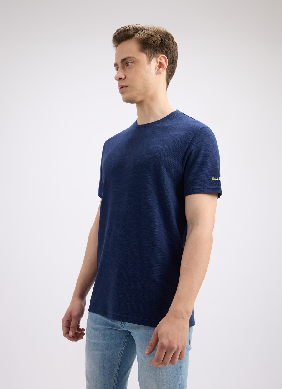 Men Navy Self Strcutured Short Sleeve T-shirt, , large image number 3