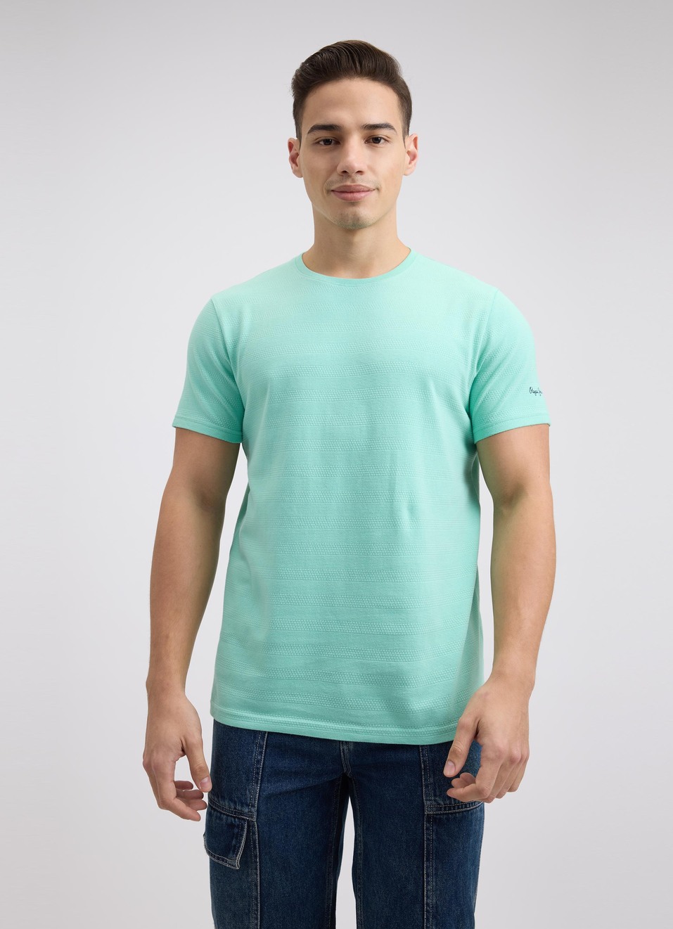 Men Green Self Structured Short Sleeve T-shirt, , large image number 1