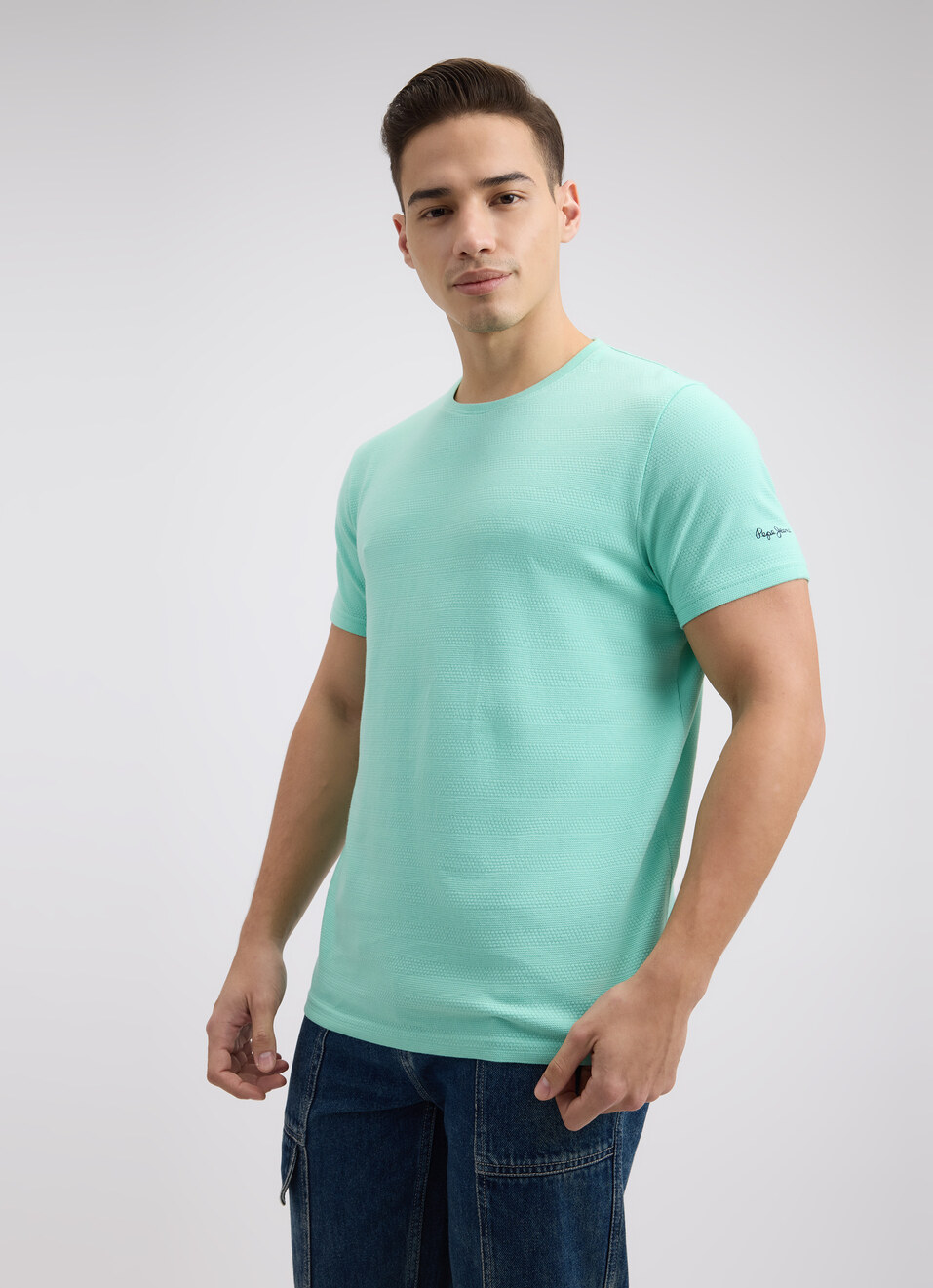 Men Green Self Structured Short Sleeve T-shirt, , large image number 3