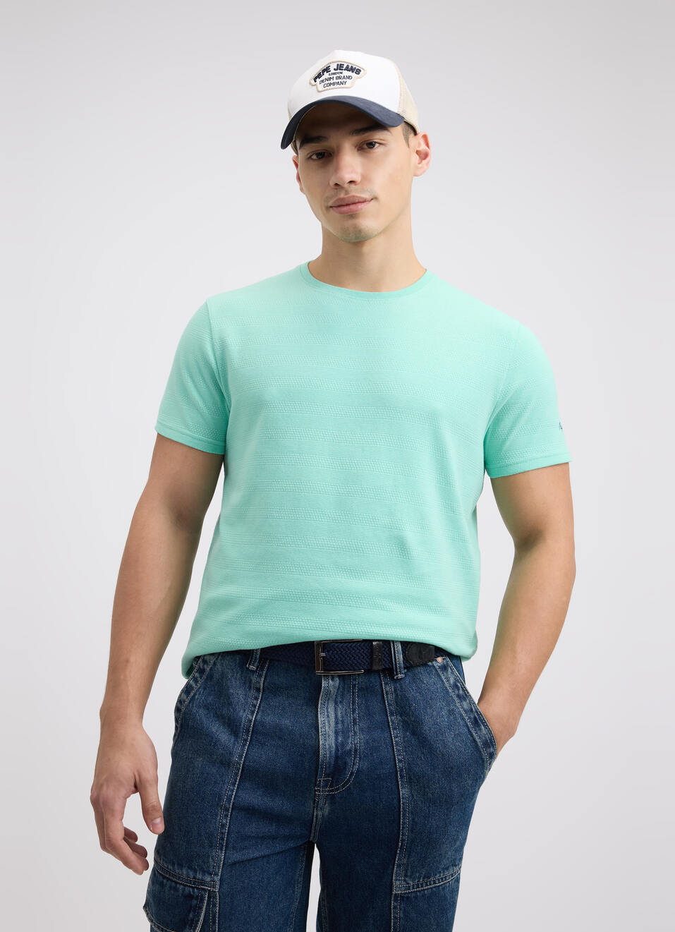 Men Green Self Structured Short Sleeve T-shirt, , large image number 0