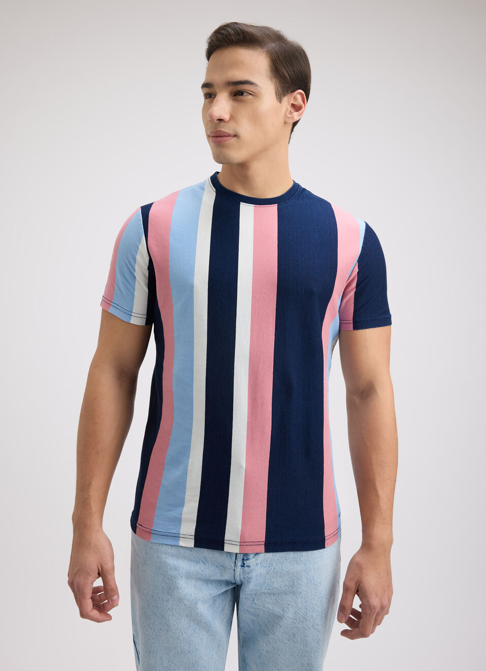 Men Blue Vertical Stripe Short Sleeve T-shirt, , large image number 1
