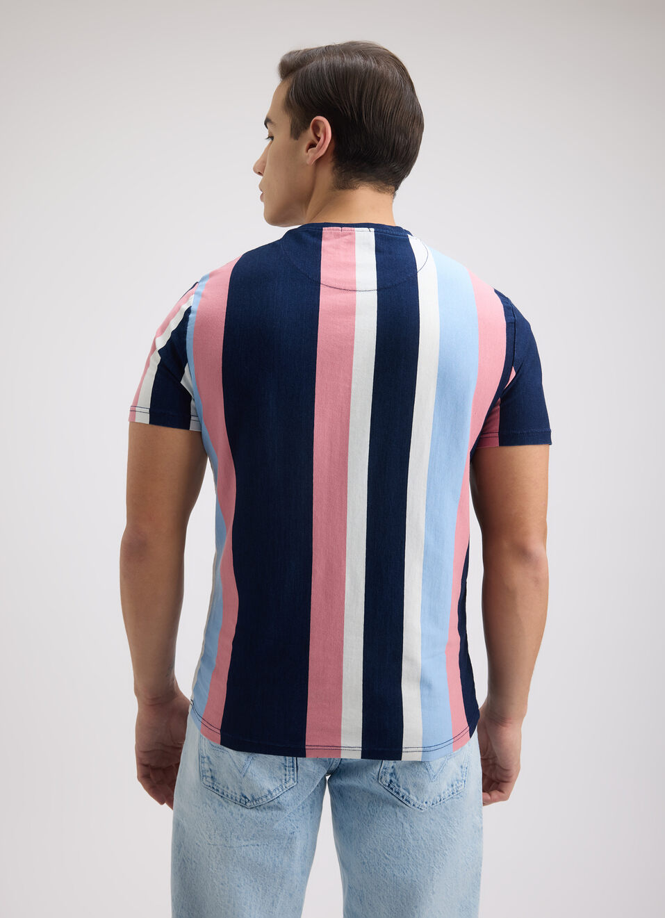 Men Blue Vertical Stripe Short Sleeve T-shirt, , large image number 2