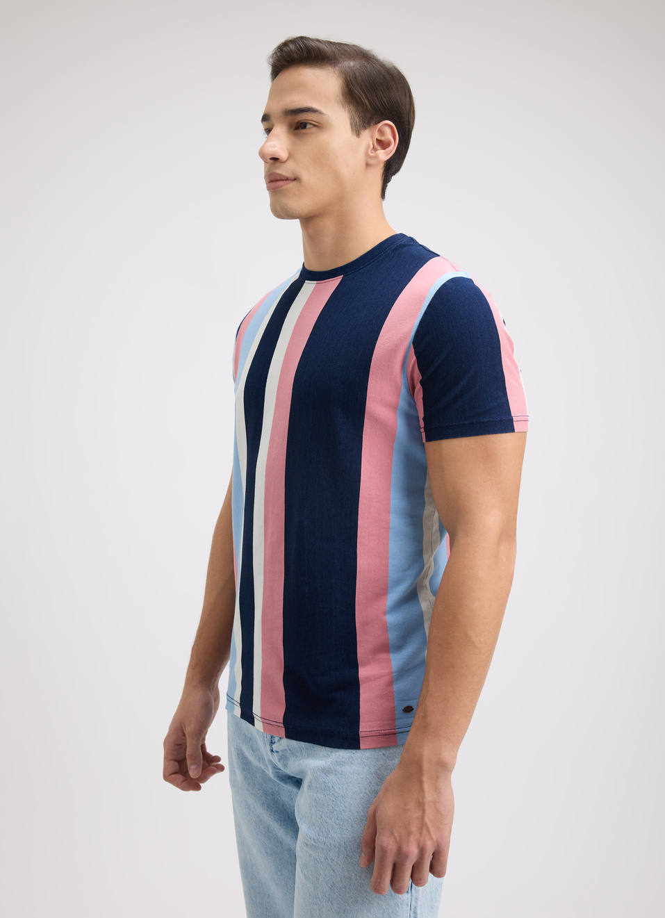 Men Blue Vertical Stripe Short Sleeve T-shirt, , large image number 3
