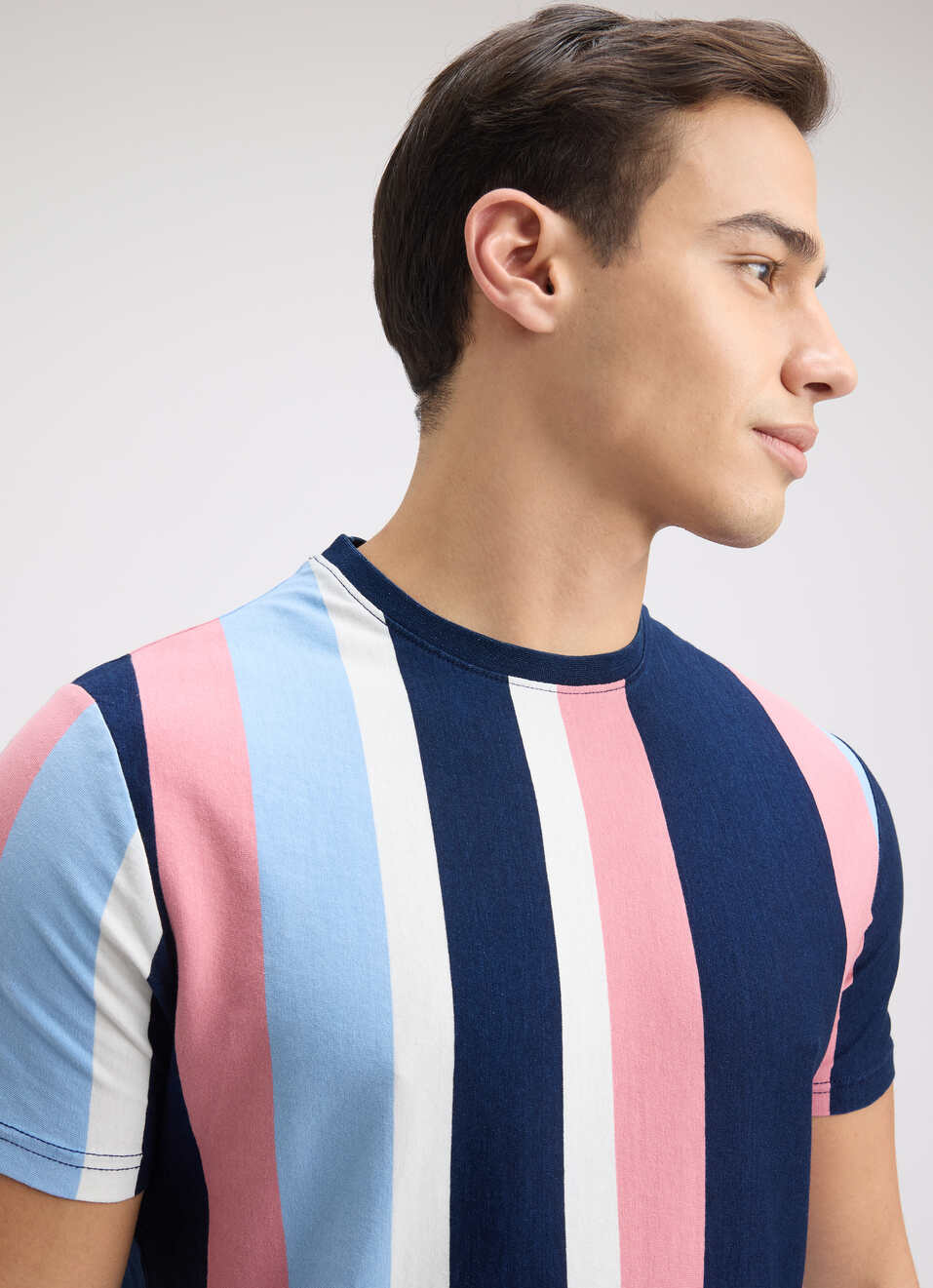 Men Blue Vertical Stripe Short Sleeve T-shirt, , large image number 4