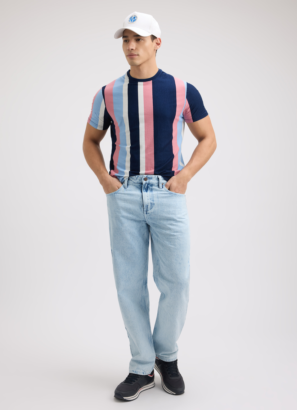 Men Blue Vertical Stripe Short Sleeve T-shirt, , large image number 5