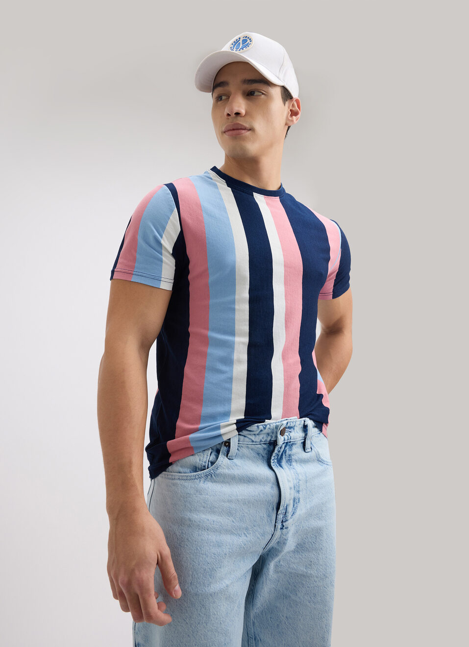 Men Blue Vertical Stripe Short Sleeve T-shirt, , large image number 0