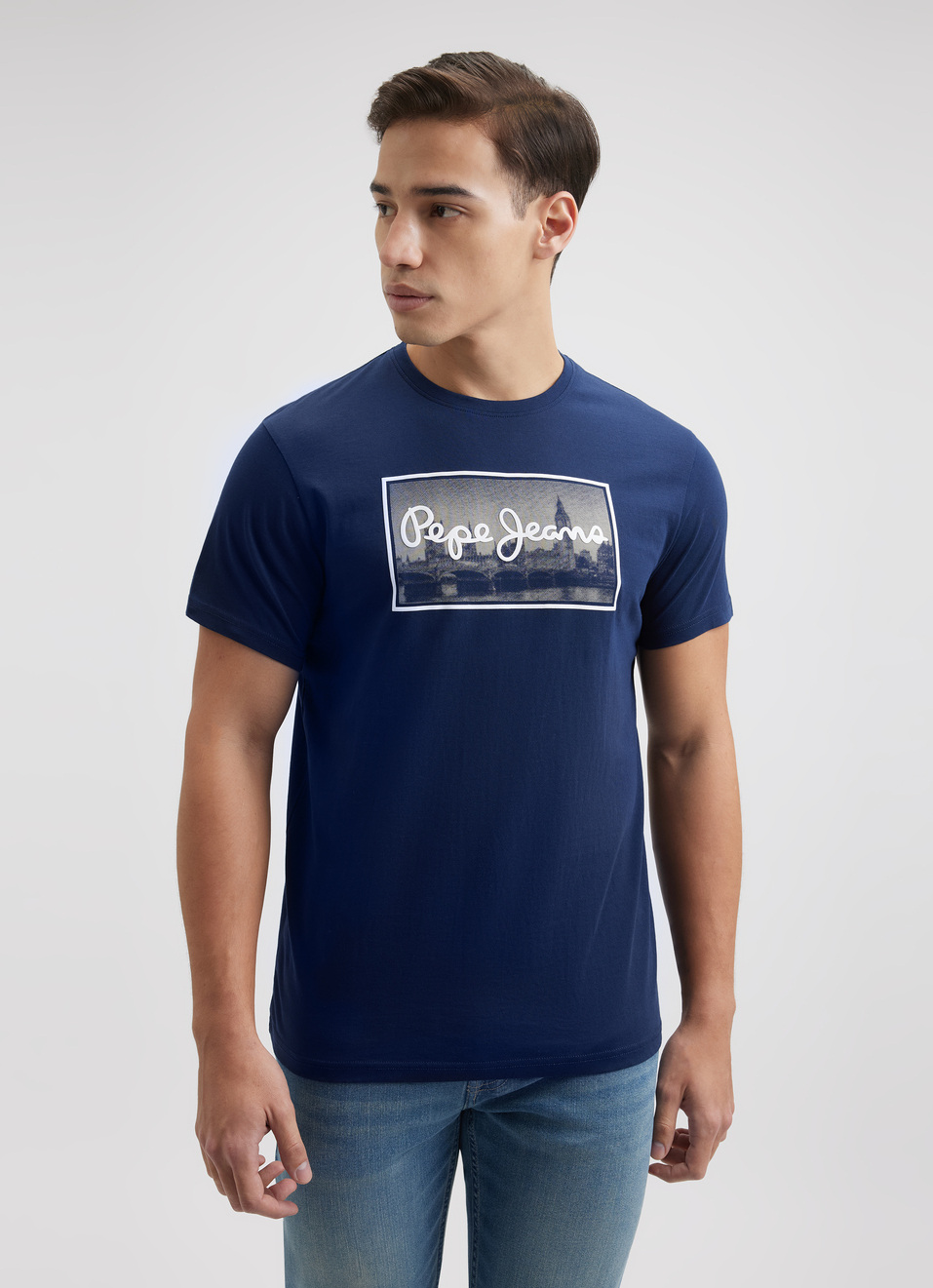 Men Navy Graphic Print Short Sleeve T-shirt, , large image number 1