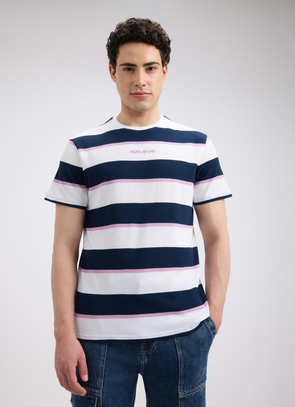 Men Navy Stripe Sporty Short Sleeve T-shirt, , large image number 1