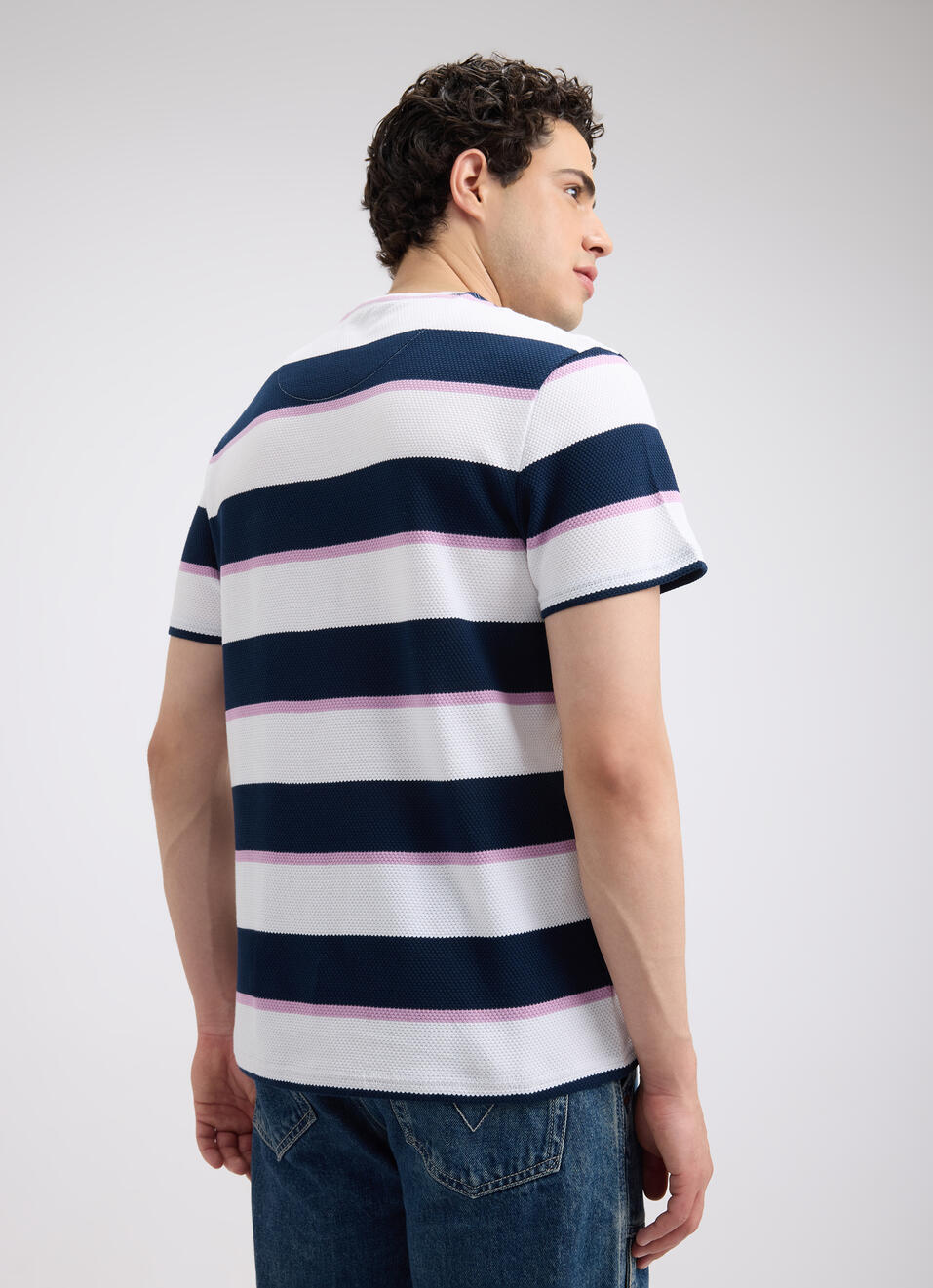 Men Navy Stripe Sporty Short Sleeve T-shirt, , large image number 2