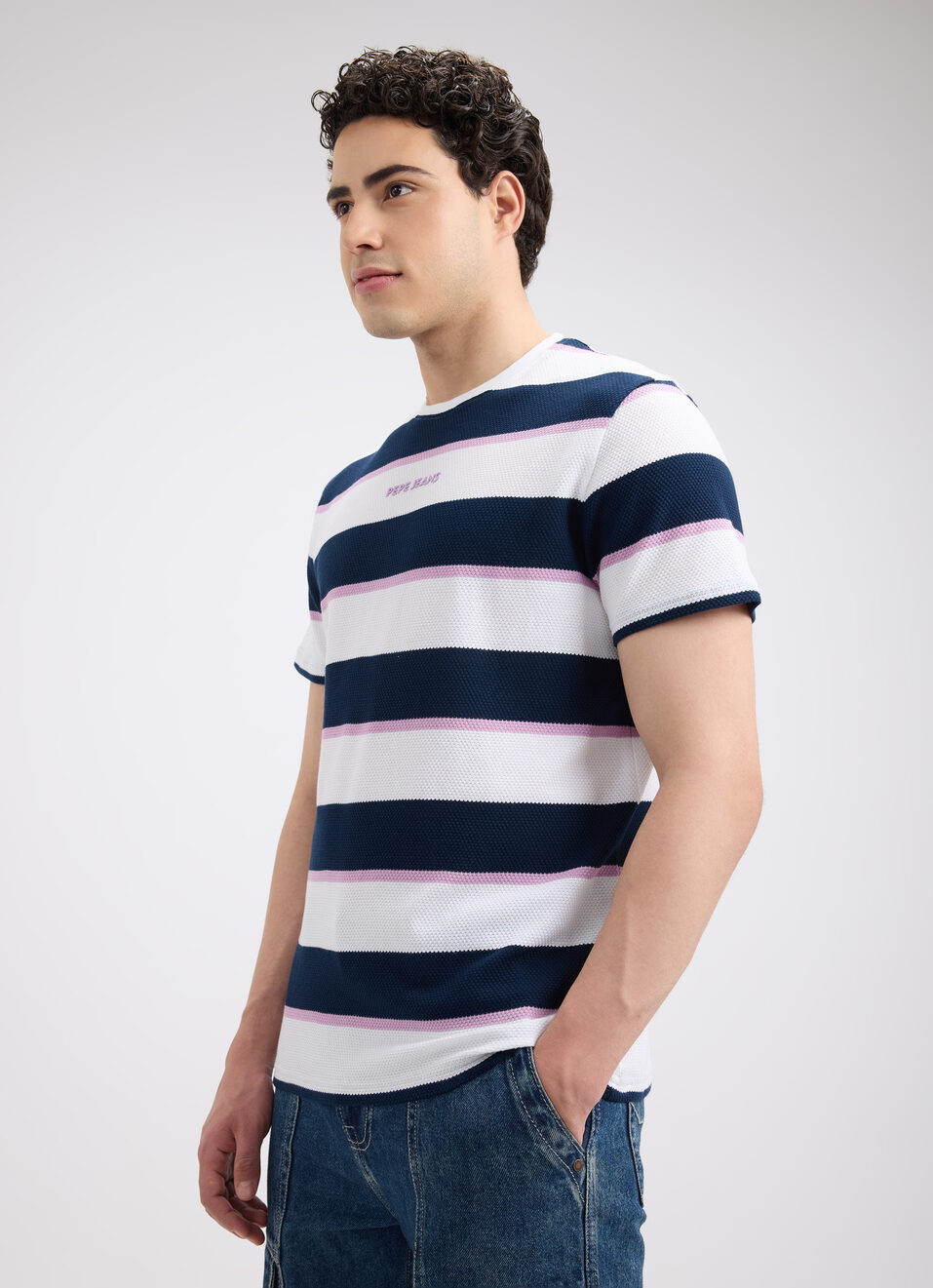 Men Navy Stripe Sporty Short Sleeve T-shirt, , large image number 3