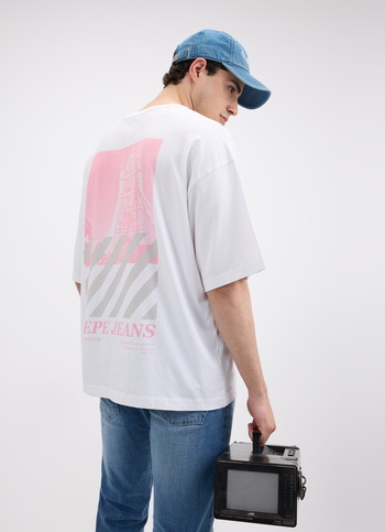 Men White Back Print Short Sleeve Oversized T-shirt