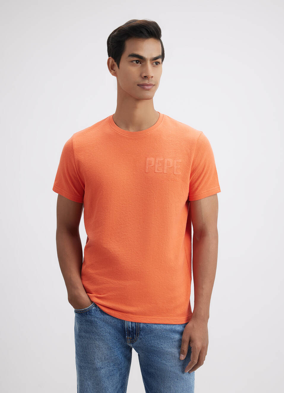 Men Orange Embroidered Short Sleeve T-shirt, , large image number 1