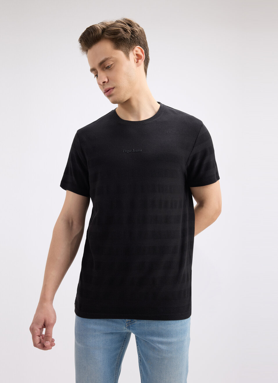 Men Black Stripe Short Sleeve T-shirt, , large image number 1
