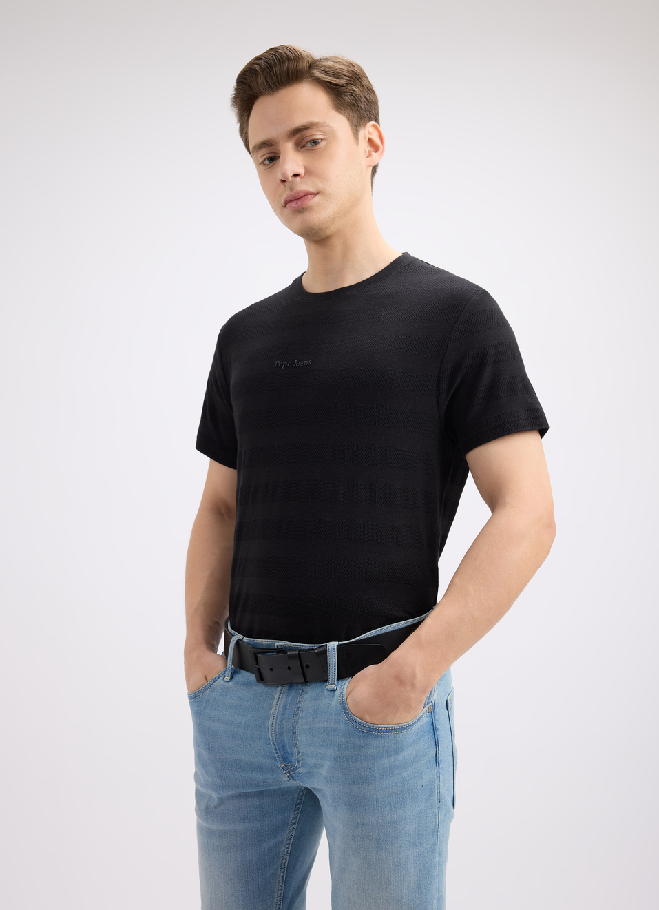 Men Black Stripe Short Sleeve T-shirt, , large image number 0