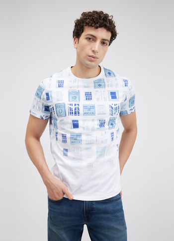 Men White Stamp Print Short Sleeve T-shirt