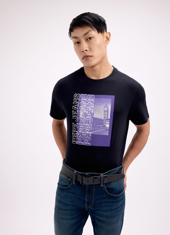 Men Black Photographic Print Short Sleeve T-shirt