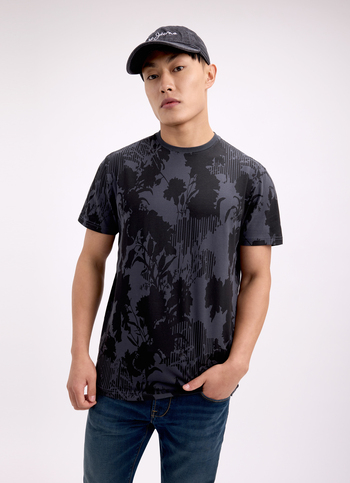 Men Grey Tropical Print Short Sleeve Stretch T-shirt