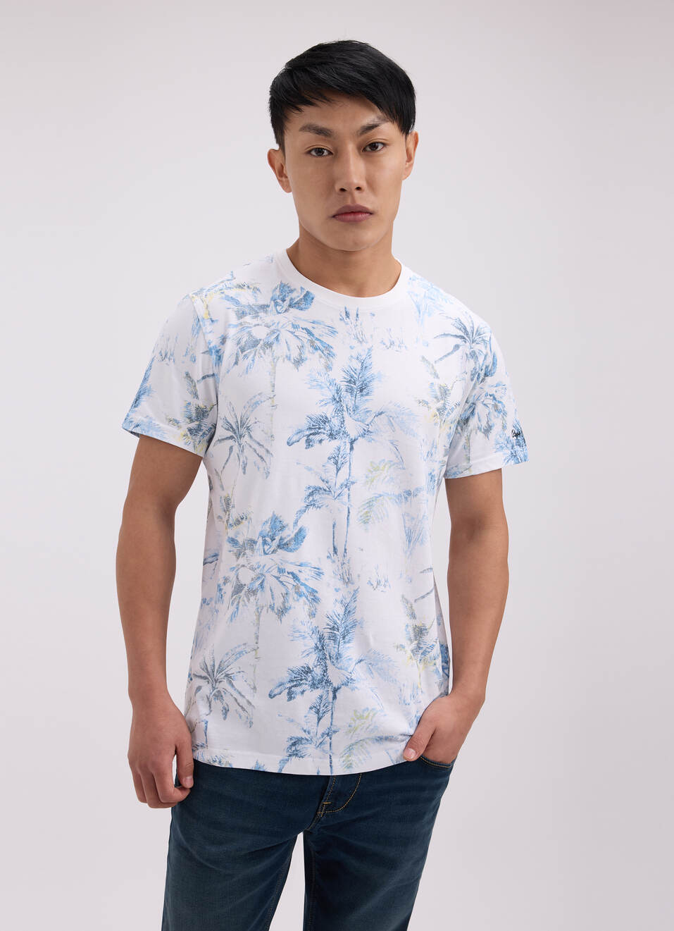 Men Blue Tropical Print Short Sleeve T-shirt, , large image number 1