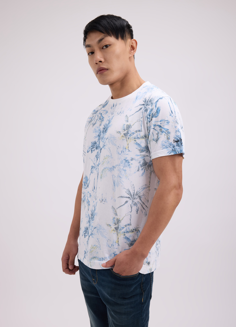 Men Blue Tropical Print Short Sleeve T-shirt, , large image number 3