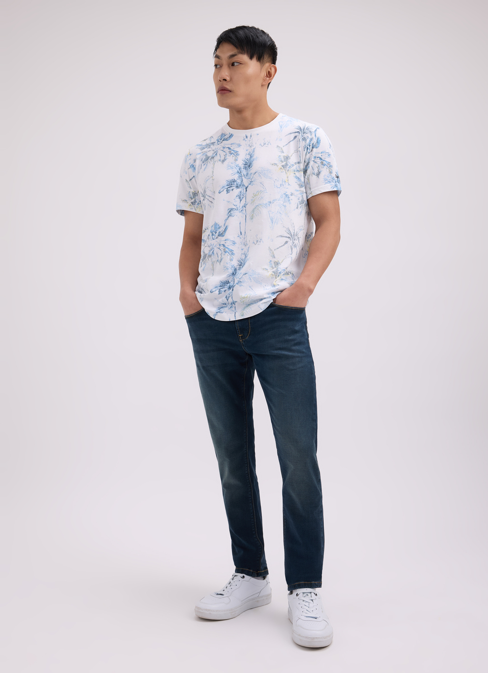 Men Blue Tropical Print Short Sleeve T-shirt, , large image number 5