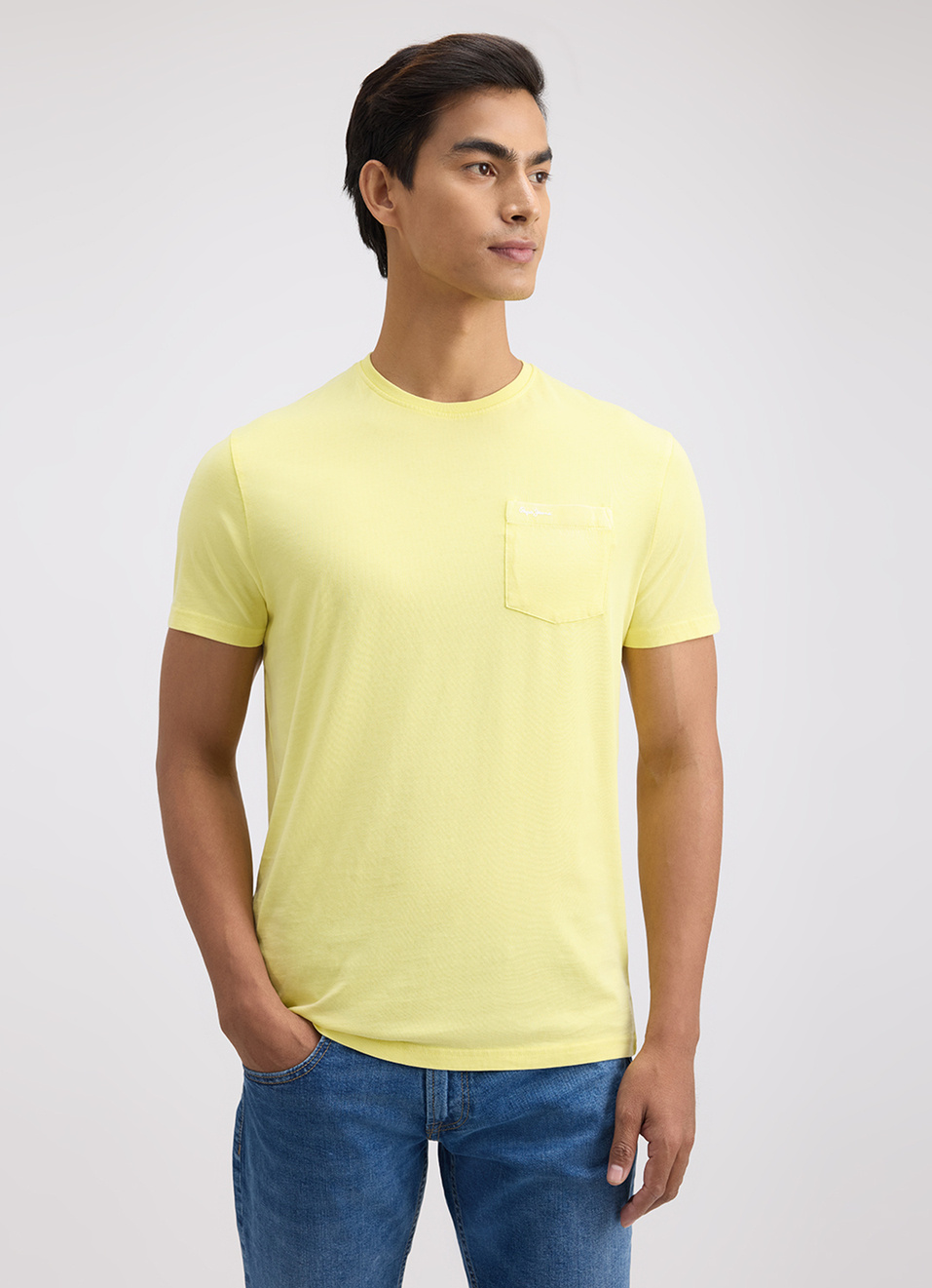Men Yellow Overdye Patch Pocket Short Sleeve T-shirt, , large image number 1