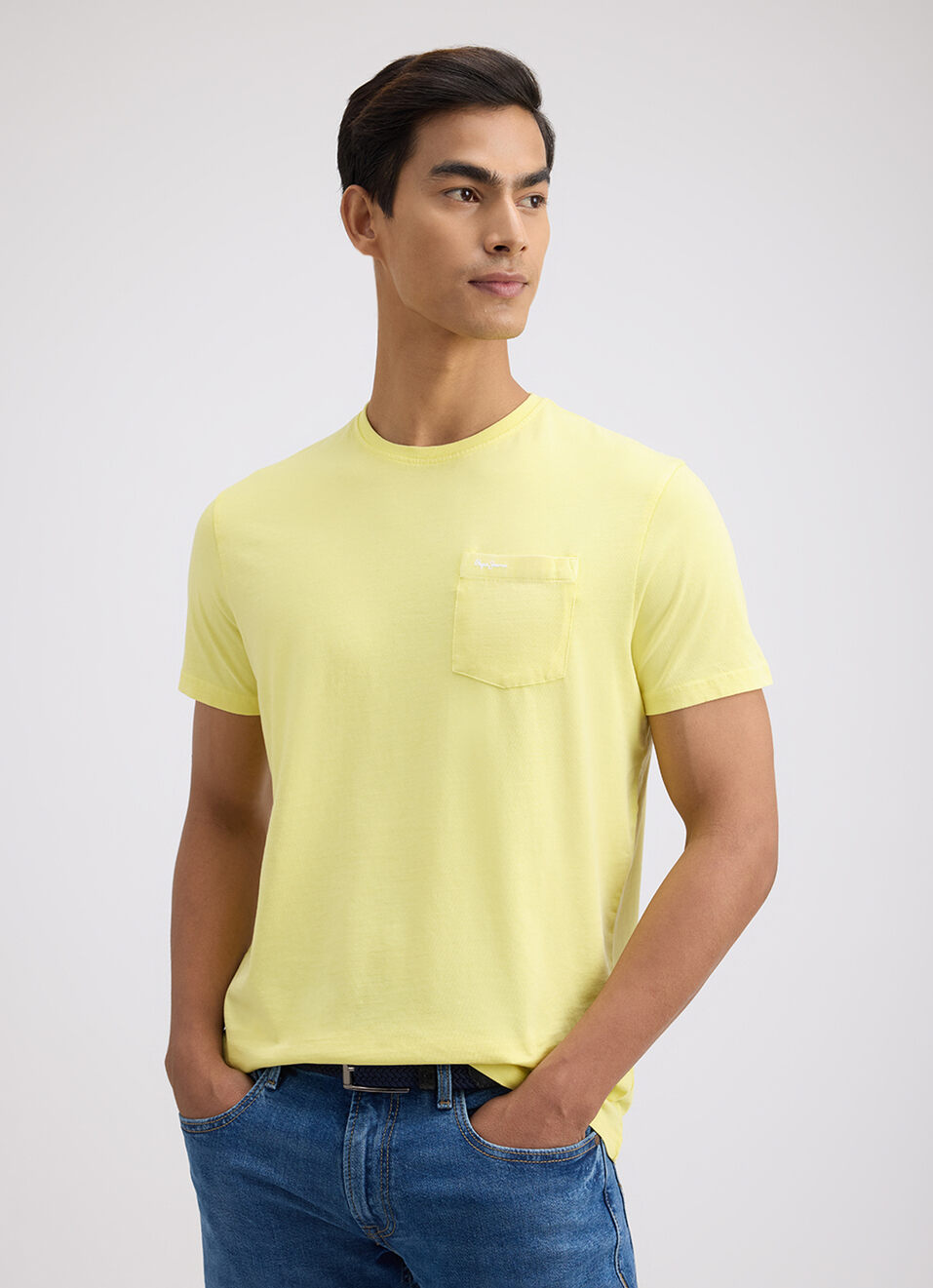Men Yellow Overdye Patch Pocket Short Sleeve T-shirt, , large image number 0