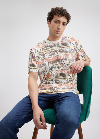 Men Off White Tropical Print Short Sleeve T-shirt