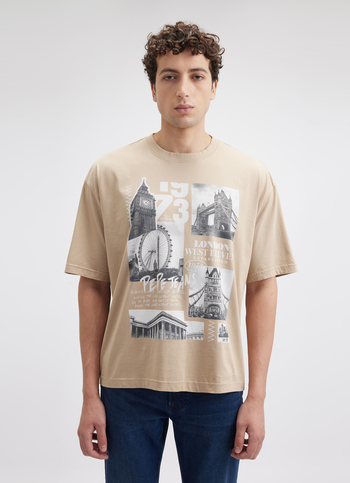 Men Beige Photographic Print Short Sleeve Oversized T-shirt