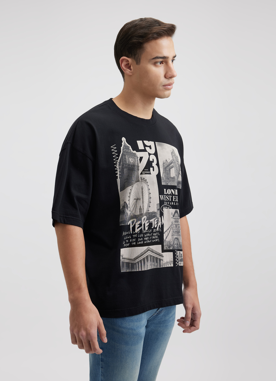 Men Black Photographic Print Short Sleeve Oversized T-shirt, , large image number 3