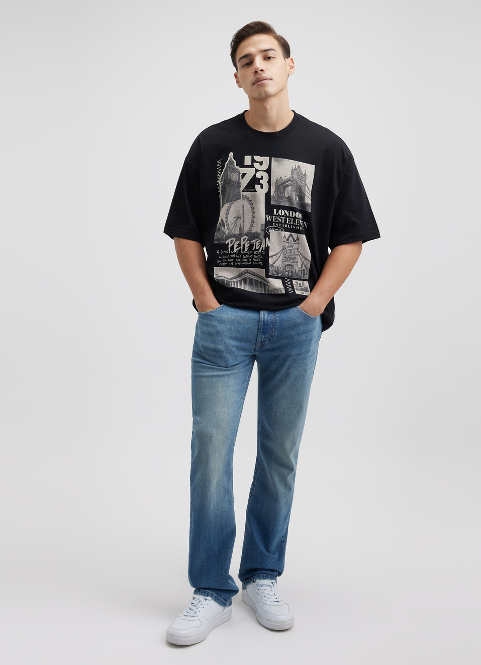 Men Black Photographic Print Short Sleeve Oversized T-shirt, , large image number 5