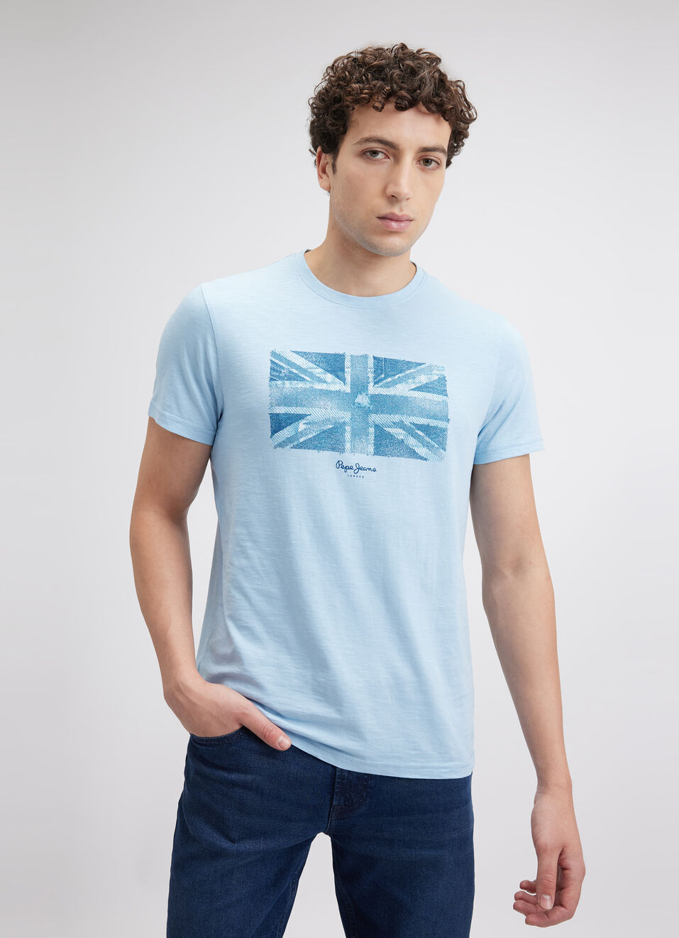 Men Blue Union Jack Print Short Sleeve T-shirt, , large image number 0