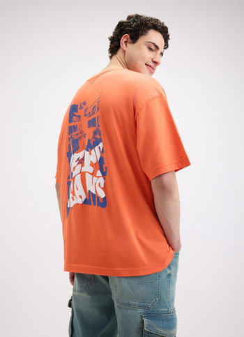 Men Orange Back Print Short Sleeve Oversized T-shirt