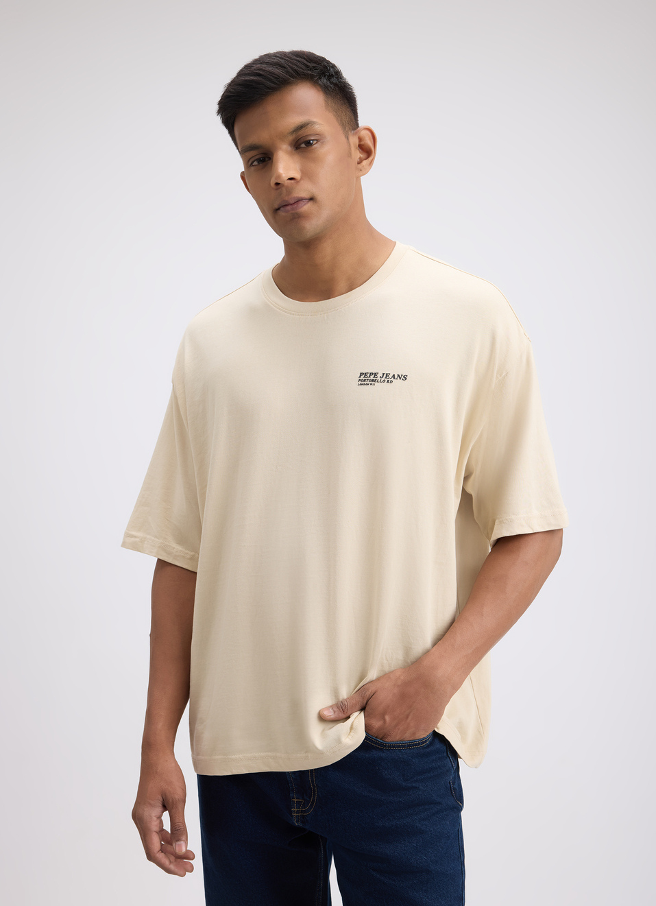 Men White Back Print Short Sleeve Oversized T-shirt, , large image number 1