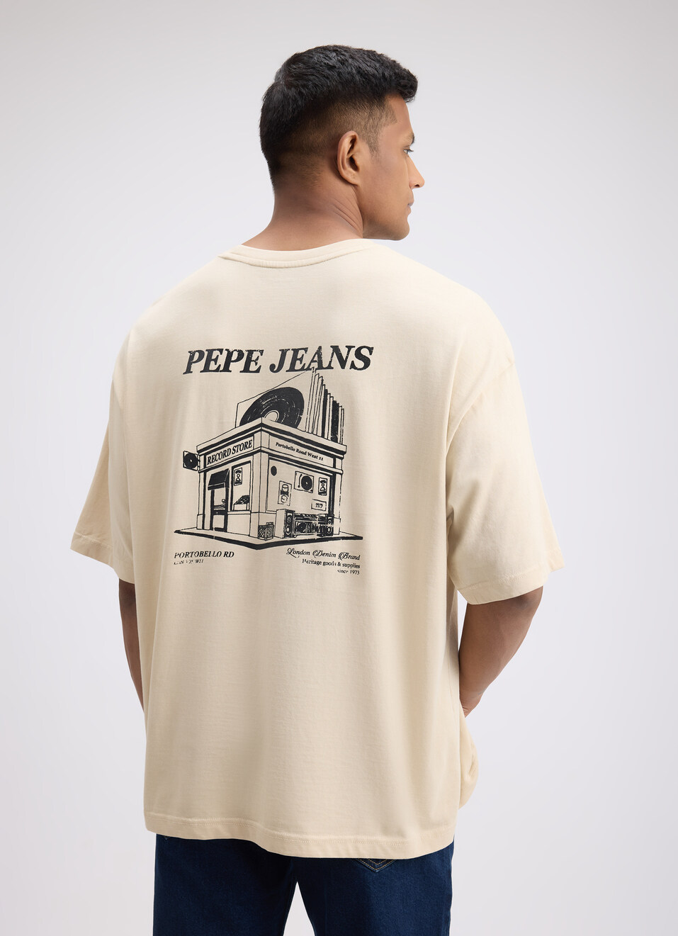 Men White Back Print Short Sleeve Oversized T-shirt, , large image number 2