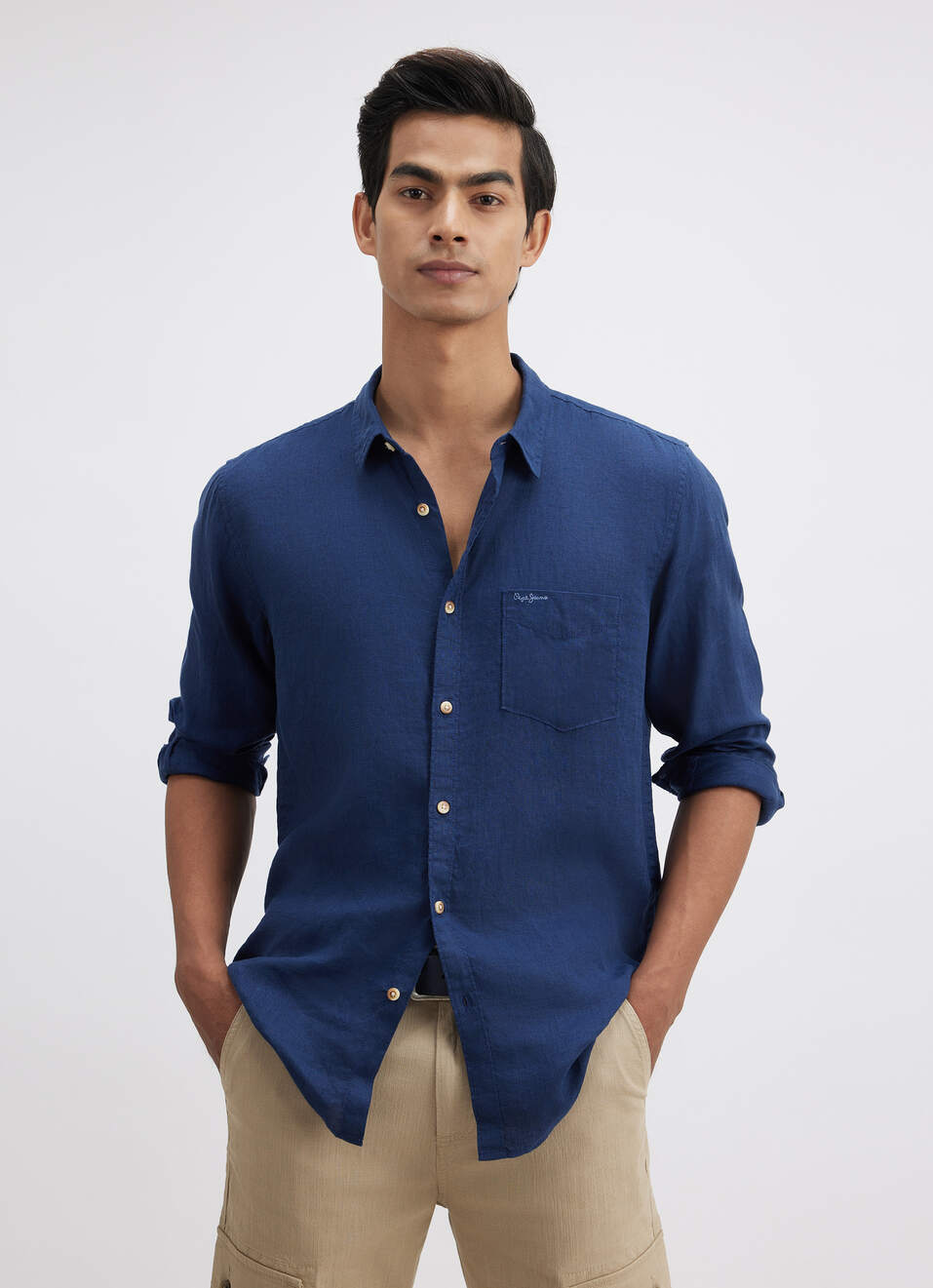 Men Blue Pure Linen Full Sleeve Shirt, , large image number 1